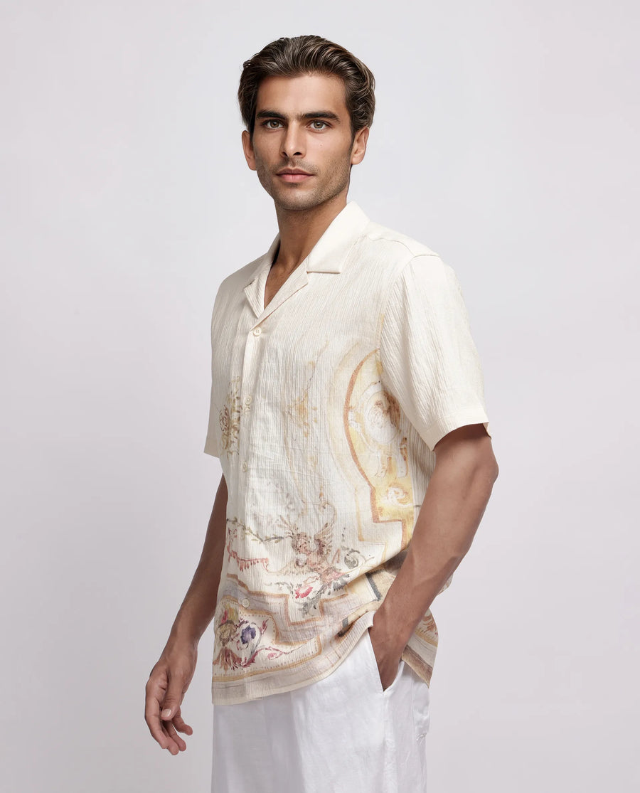 Rare Rabbit Men's Mio Beige Viscose Blend Placement Print Boxy Fit Half Sleeve Cuban Collar Shirt
