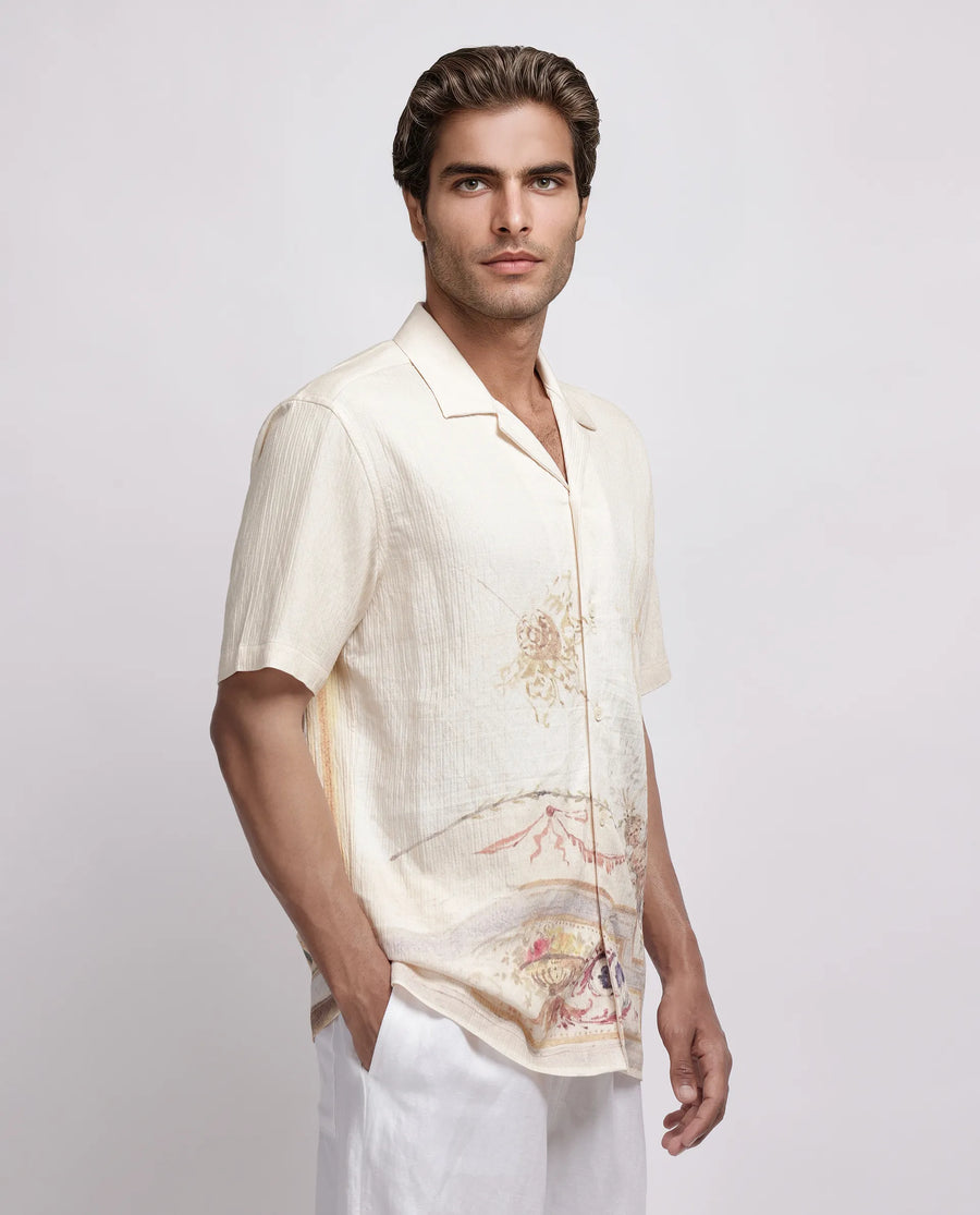 Rare Rabbit Men's Mio Beige Viscose Blend Placement Print Boxy Fit Half Sleeve Cuban Collar Shirt