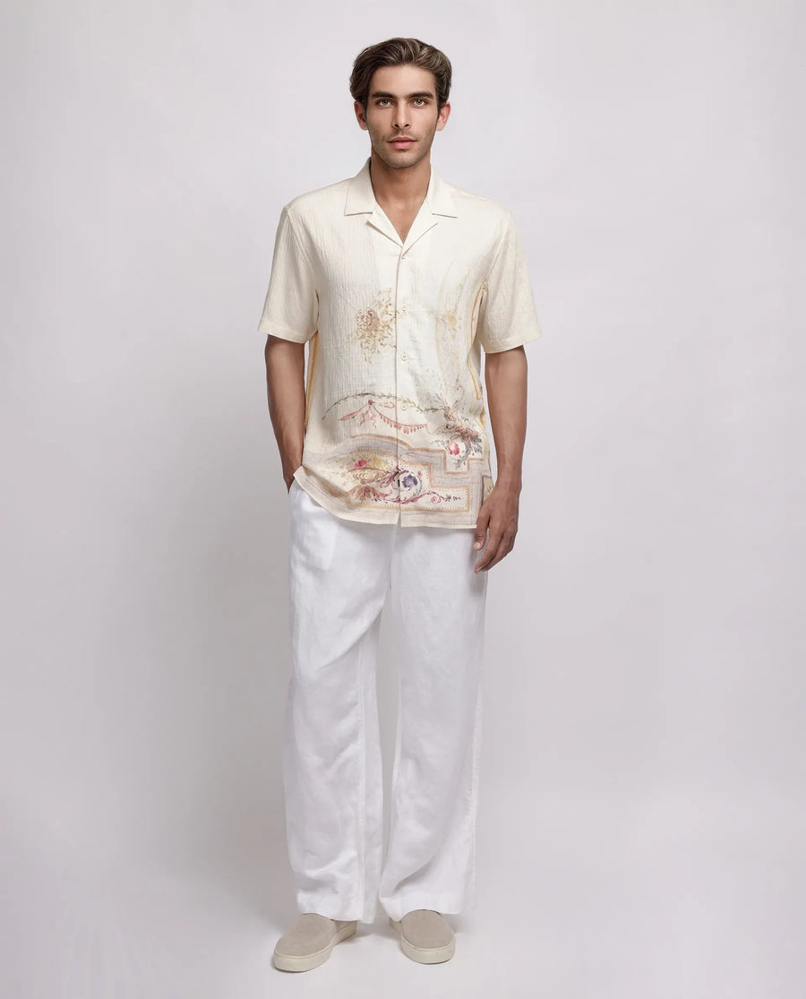 Rare Rabbit Men's Mio Beige Viscose Blend Placement Print Boxy Fit Half Sleeve Cuban Collar Shirt