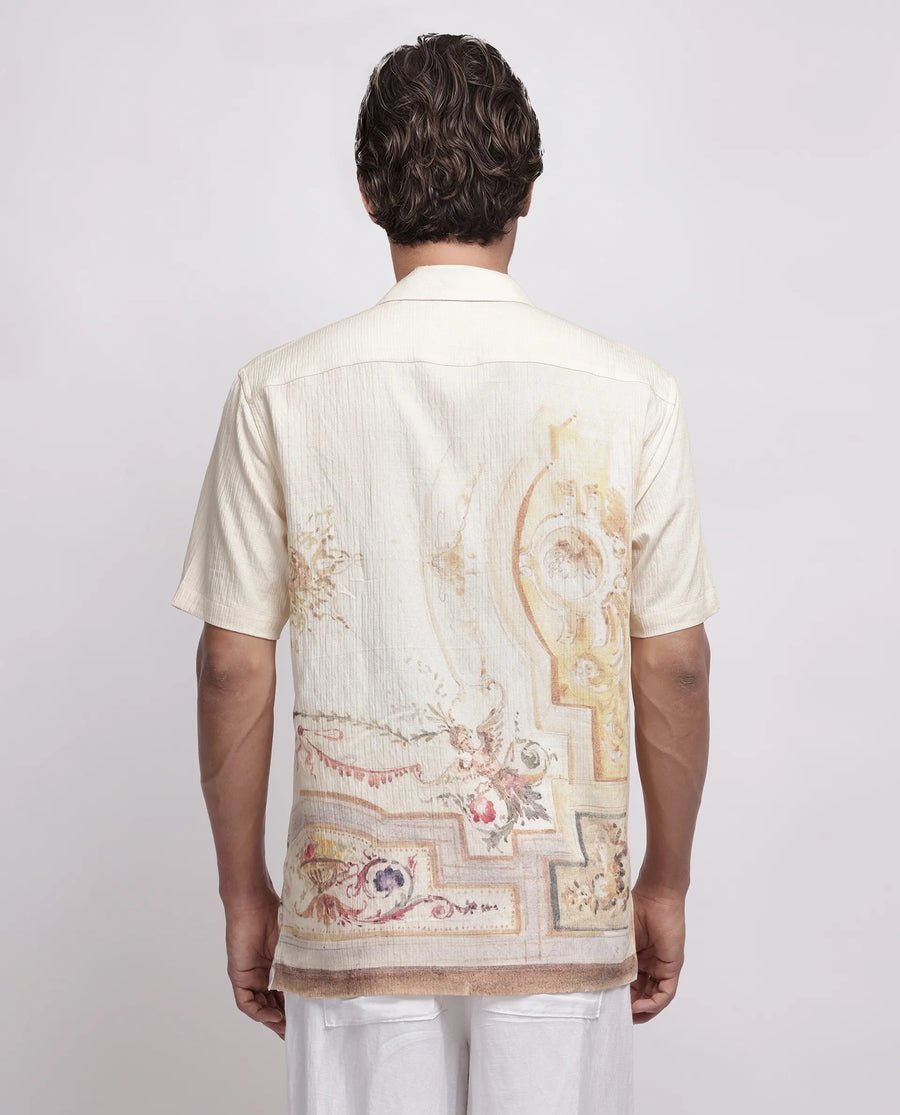 Rare Rabbit Men's Mio Beige Viscose Blend Placement Print Boxy Fit Half Sleeve Cuban Collar Shirt