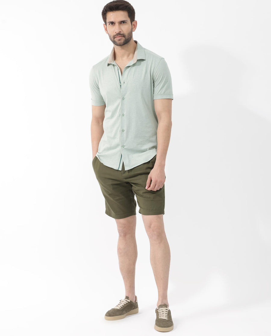 Rare Rabbit Men's Miraje Pastel Green Cotton Plain Regular Fit Half Sleeve Collared Shirt