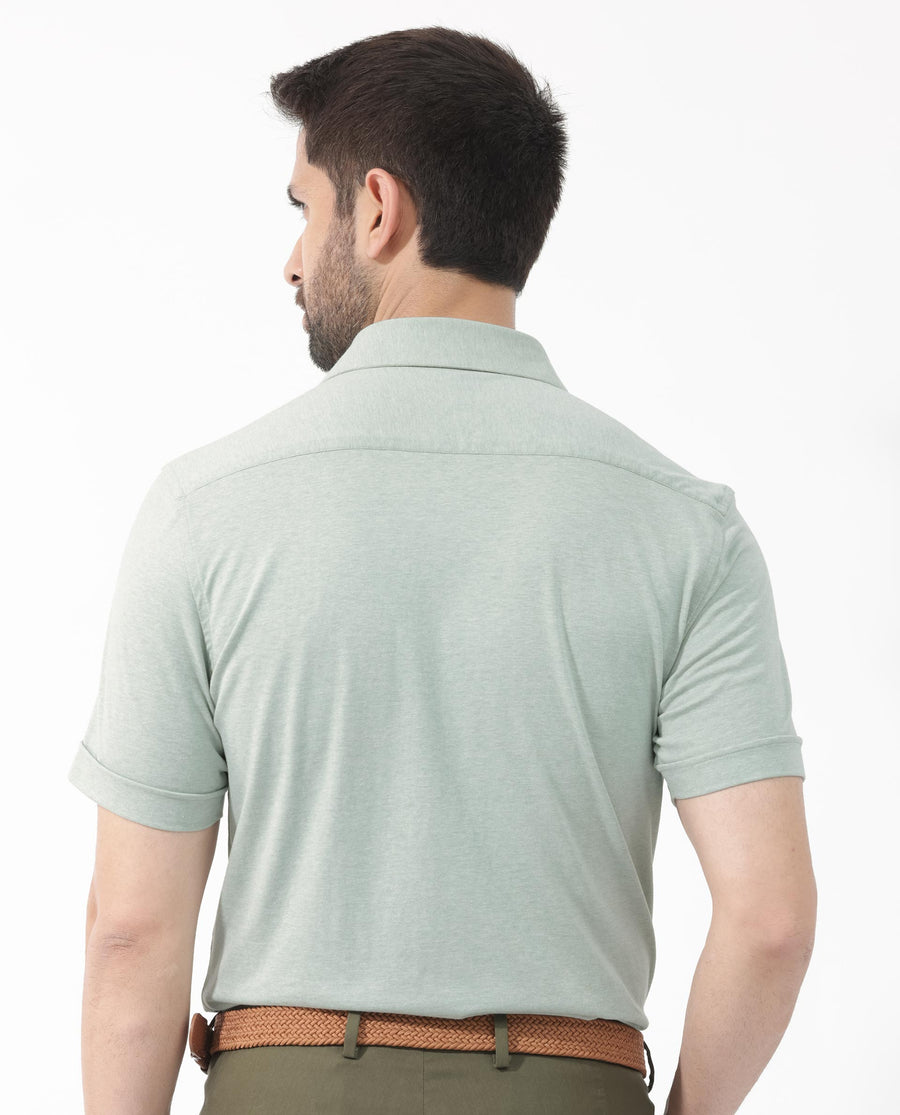 Rare Rabbit Men's Miraje Pastel Green Cotton Plain Regular Fit Half Sleeve Collared Shirt