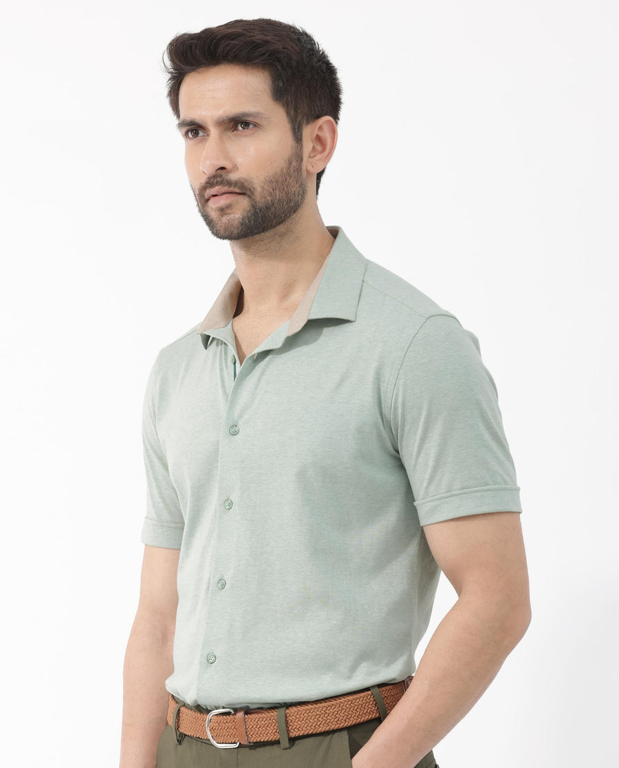 Rare Rabbit Men's Miraje Pastel Green Cotton Plain Regular Fit Half Sleeve Collared Shirt