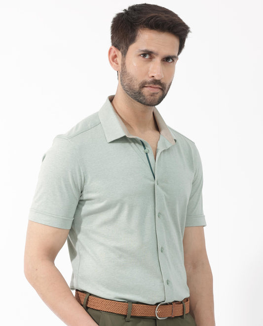 Rare Rabbit Men's Miraje Pastel Green Cotton Plain Regular Fit Half Sleeve Collared Shirt