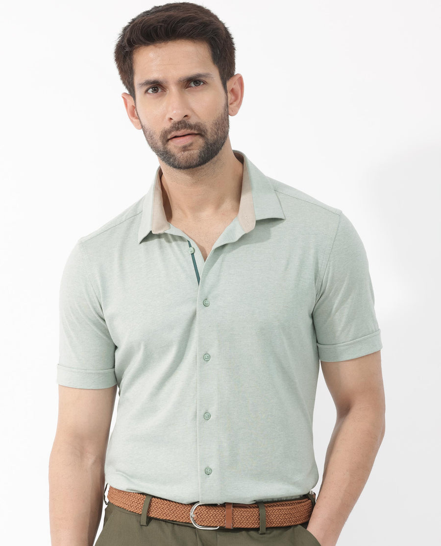 Rare Rabbit Men's Miraje Pastel Green Cotton Plain Regular Fit Half Sleeve Collared Shirt