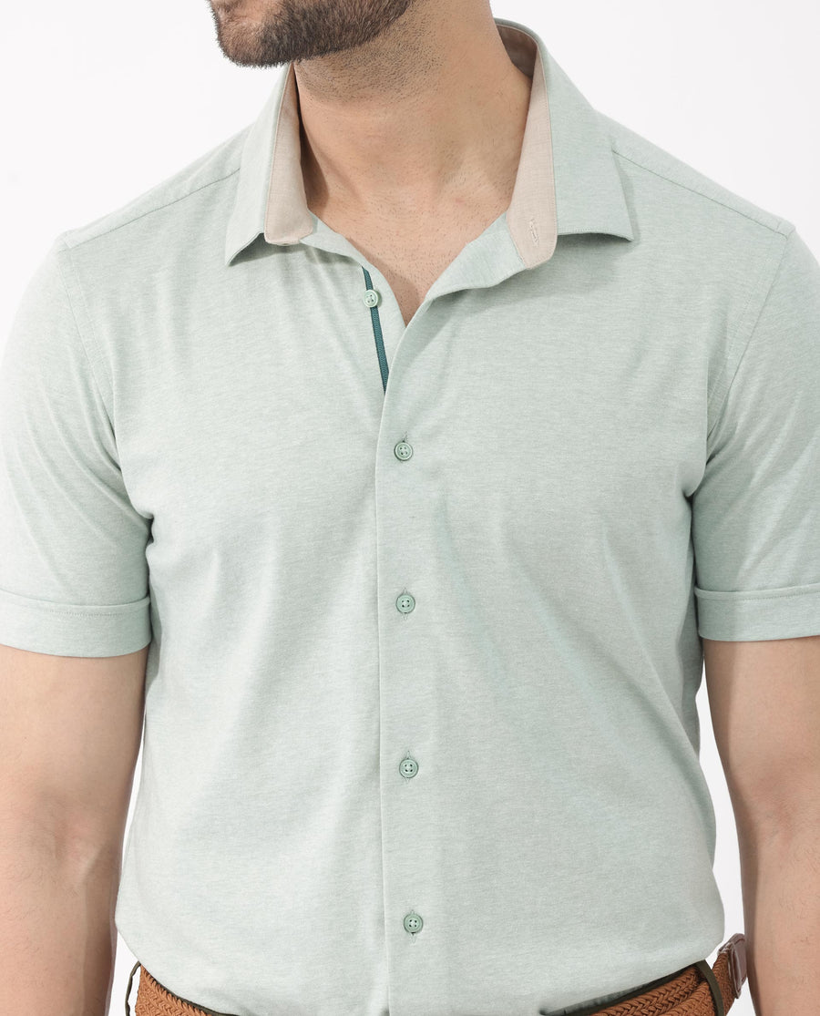 Rare Rabbit Men's Miraje Pastel Green Cotton Plain Regular Fit Half Sleeve Collared Shirt