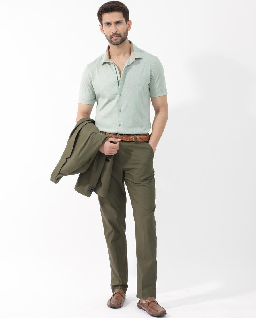 Rare Rabbit Men's Miraje Pastel Green Cotton Plain Regular Fit Half Sleeve Collared Shirt