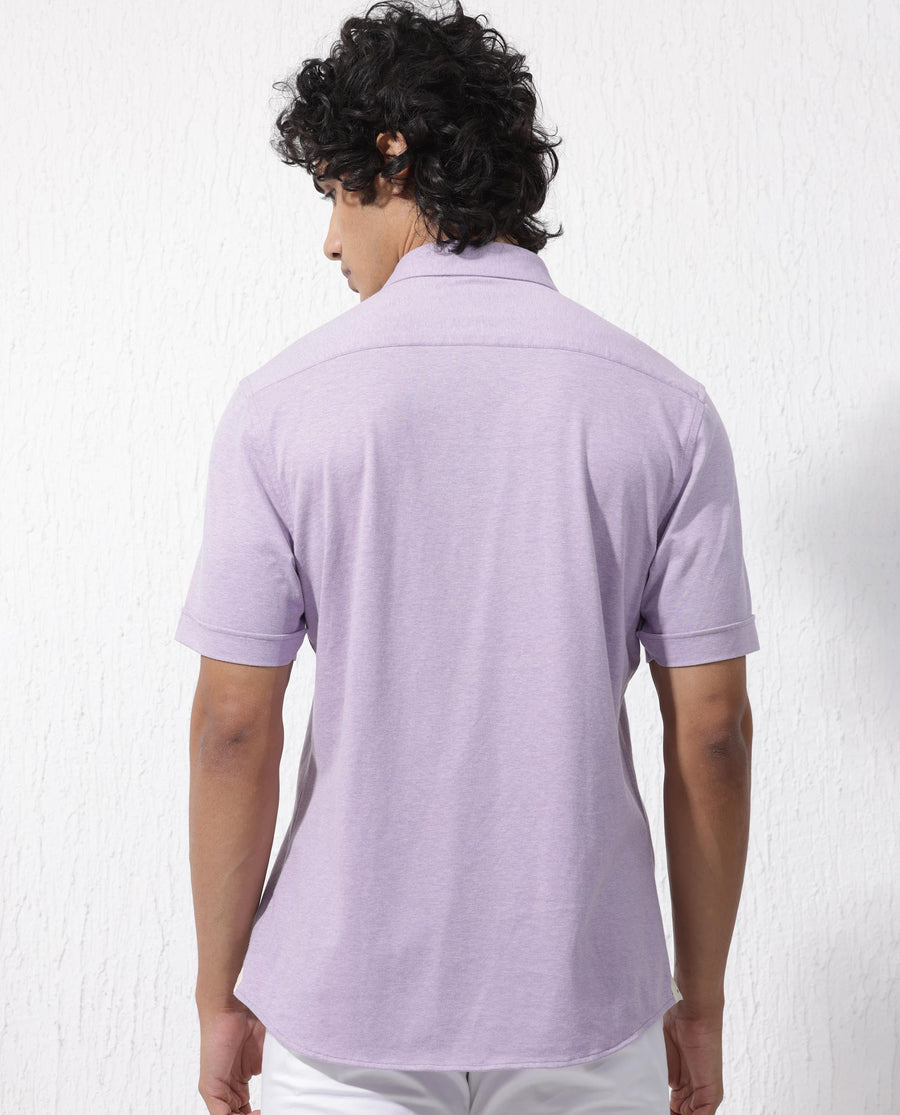 Rare Rabbit Men's Miraje Pastel Purple Cotton Plain Regular Fit Half Sleeve Collared Shirt