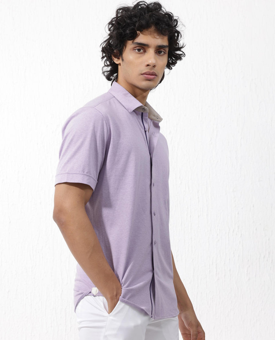 Rare Rabbit Men's Miraje Pastel Purple Cotton Plain Regular Fit Half Sleeve Collared Shirt