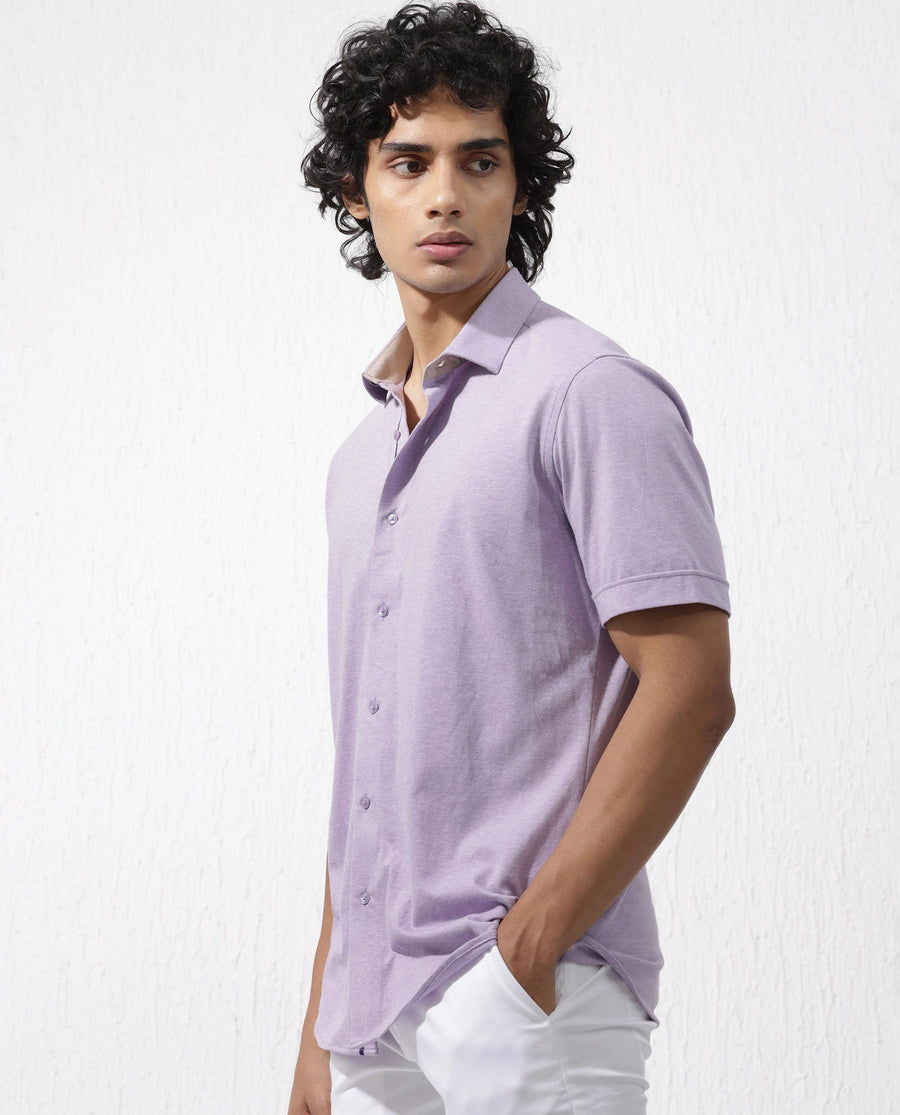 Rare Rabbit Men's Miraje Pastel Purple Cotton Plain Regular Fit Half Sleeve Collared Shirt