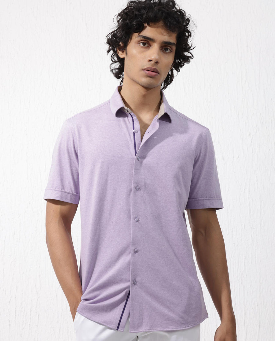Rare Rabbit Men's Miraje Pastel Purple Cotton Plain Regular Fit Half Sleeve Collared Shirt