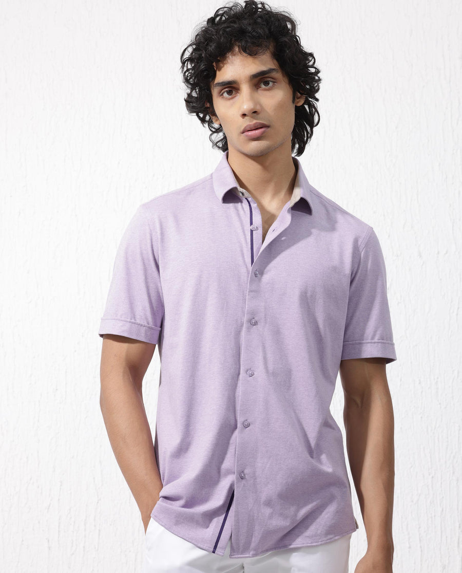 Rare Rabbit Men's Miraje Pastel Purple Cotton Plain Regular Fit Half Sleeve Collared Shirt