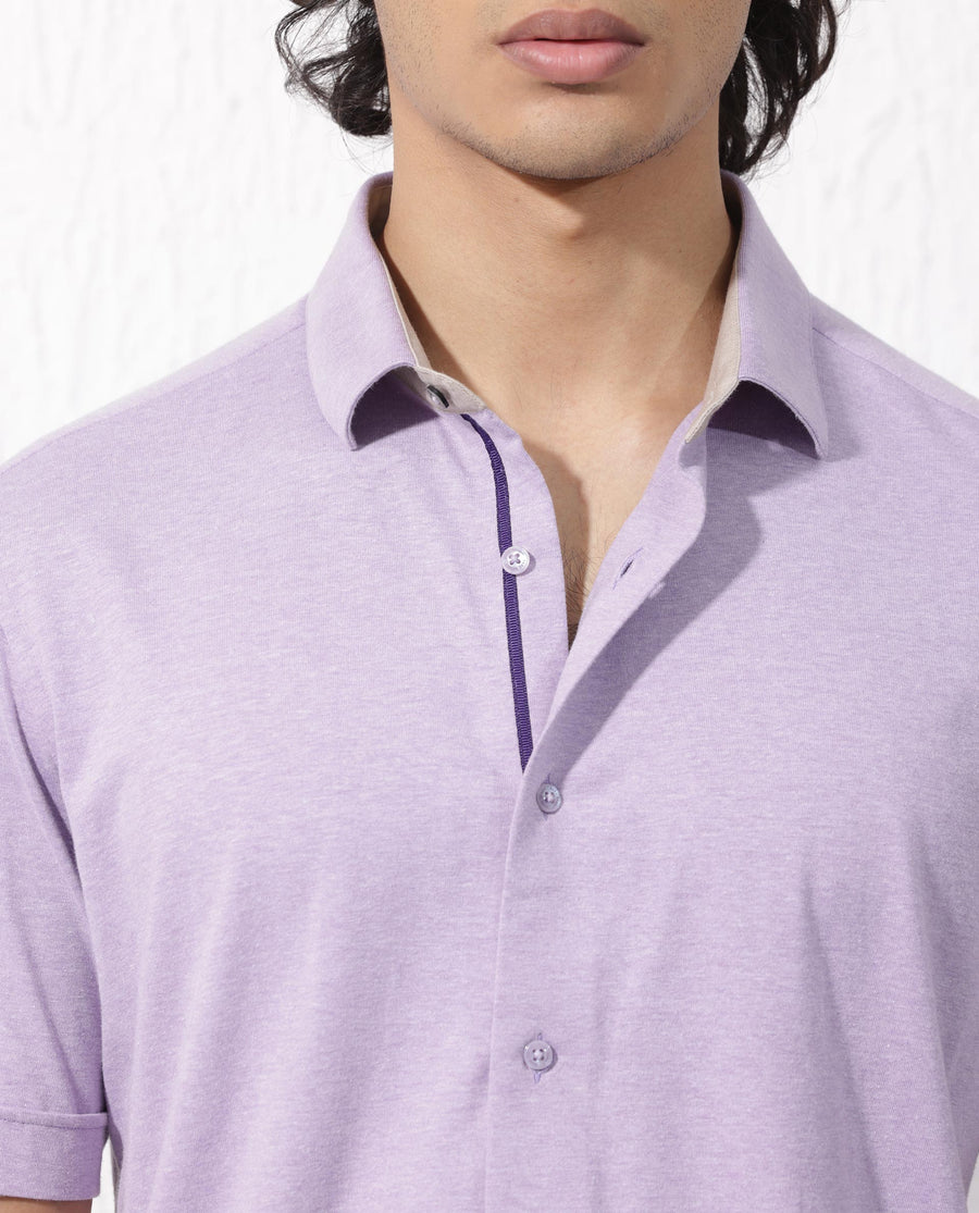 Rare Rabbit Men's Miraje Pastel Purple Cotton Plain Regular Fit Half Sleeve Collared Shirt