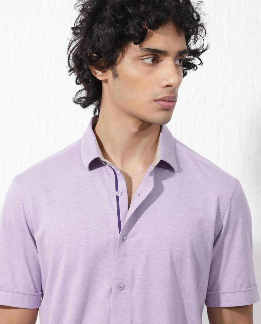 Rare Rabbit Men's Miraje Pastel Purple Cotton Plain Regular Fit Half Sleeve Collared Shirt