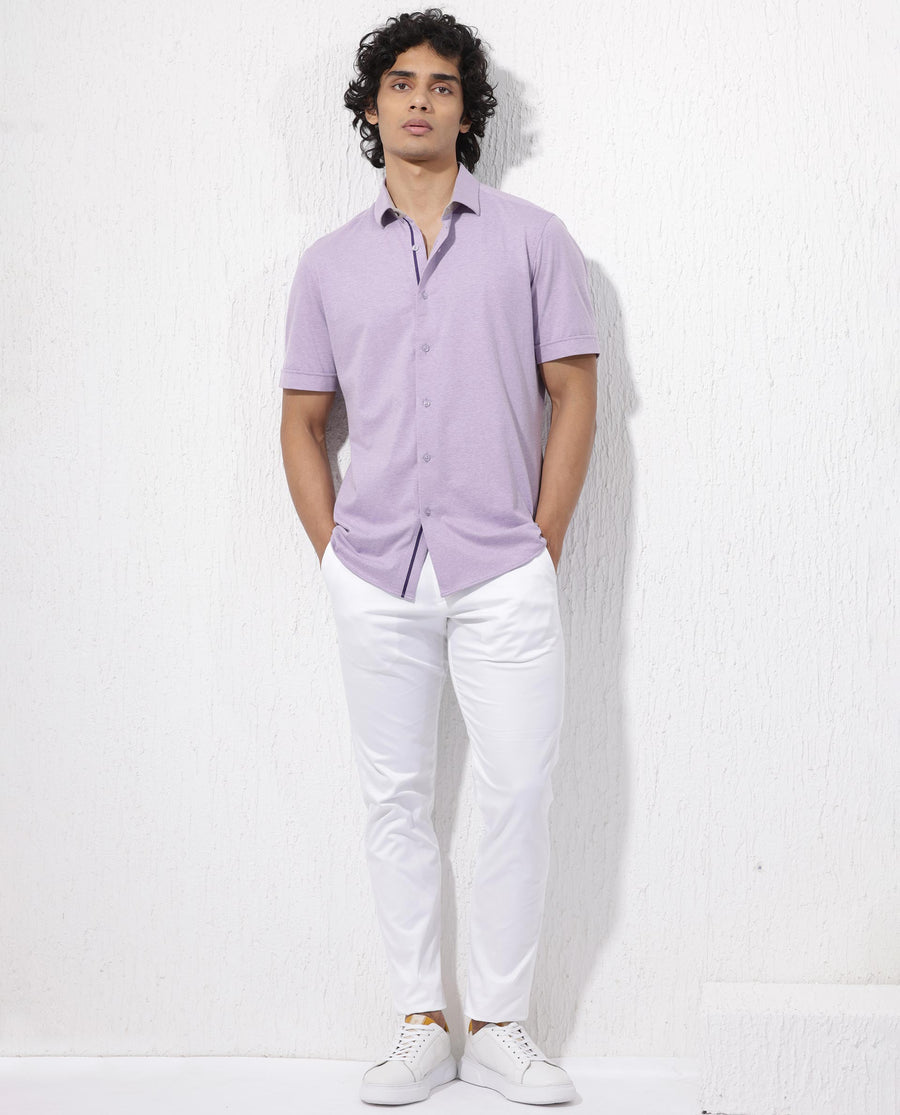Rare Rabbit Men's Miraje Pastel Purple Cotton Plain Regular Fit Half Sleeve Collared Shirt