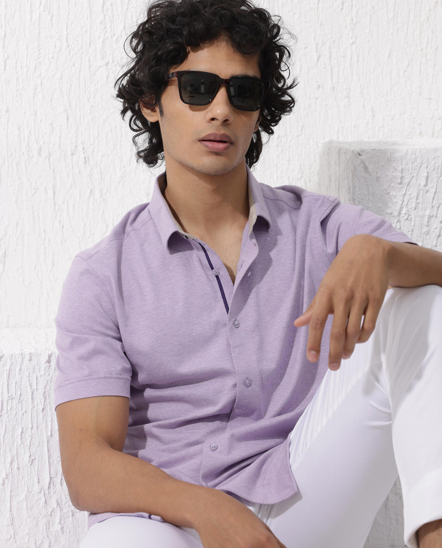 Rare Rabbit Men's Miraje Pastel Purple Cotton Plain Regular Fit Half Sleeve Collared Shirt