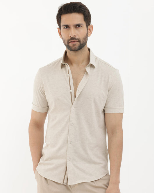 Rare Rabbit Men's Miraje Light Beige Cotton Plain Regular Fit Half Sleeve Collared Shirt