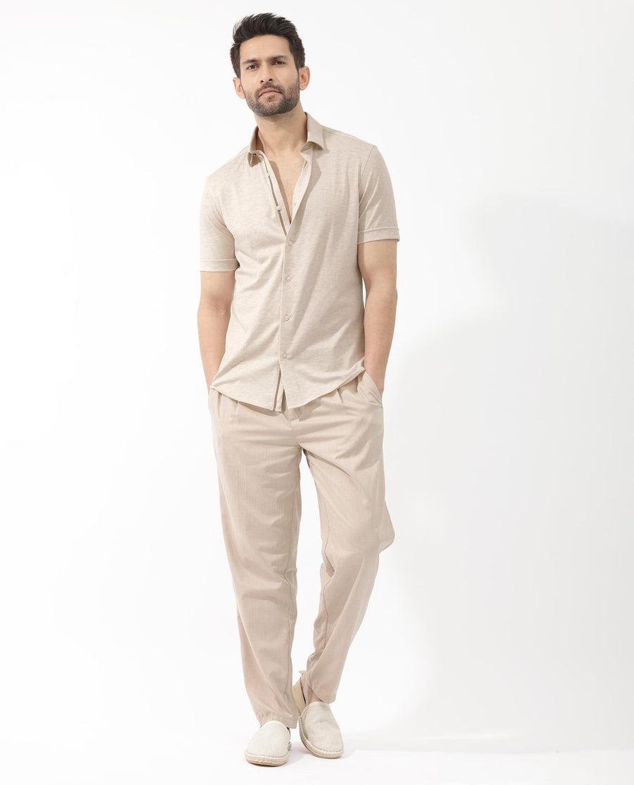 Rare Rabbit Men's Miraje Light Beige Cotton Plain Regular Fit Half Sleeve Collared Shirt