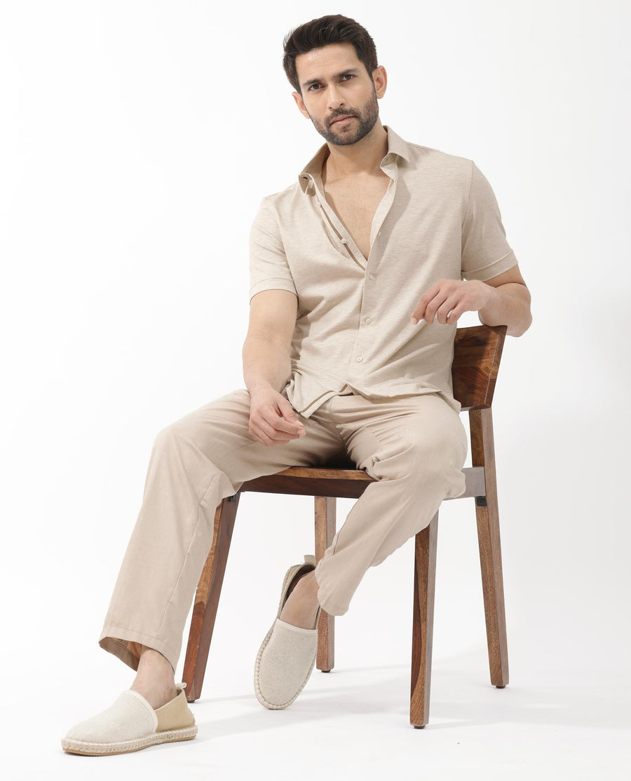 Rare Rabbit Men's Miraje Light Beige Cotton Plain Regular Fit Half Sleeve Collared Shirt