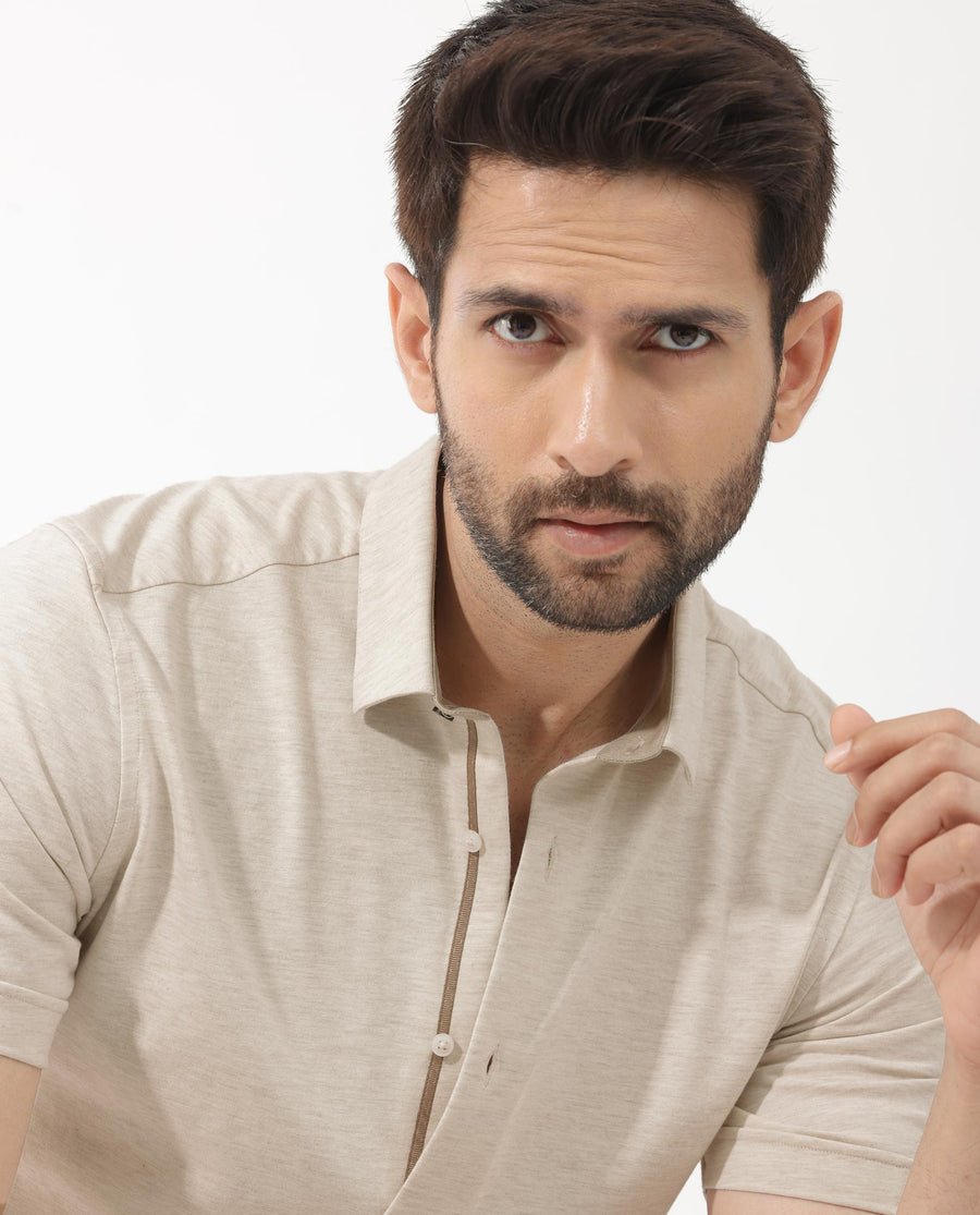 Rare Rabbit Men's Miraje Light Beige Cotton Plain Regular Fit Half Sleeve Collared Shirt