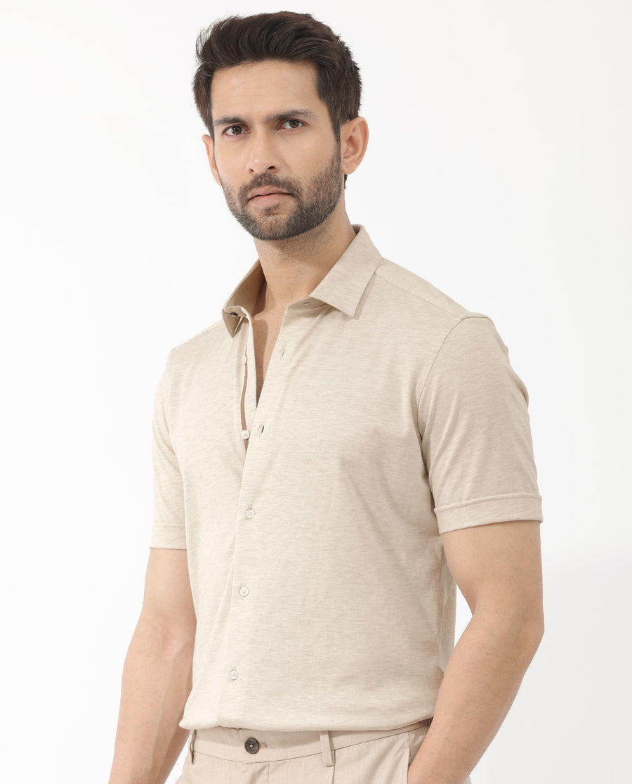 Rare Rabbit Men's Miraje Light Beige Cotton Plain Regular Fit Half Sleeve Collared Shirt