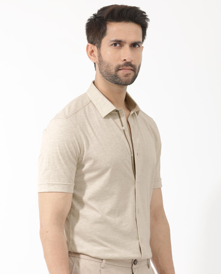 Rare Rabbit Men's Miraje Light Beige Cotton Plain Regular Fit Half Sleeve Collared Shirt