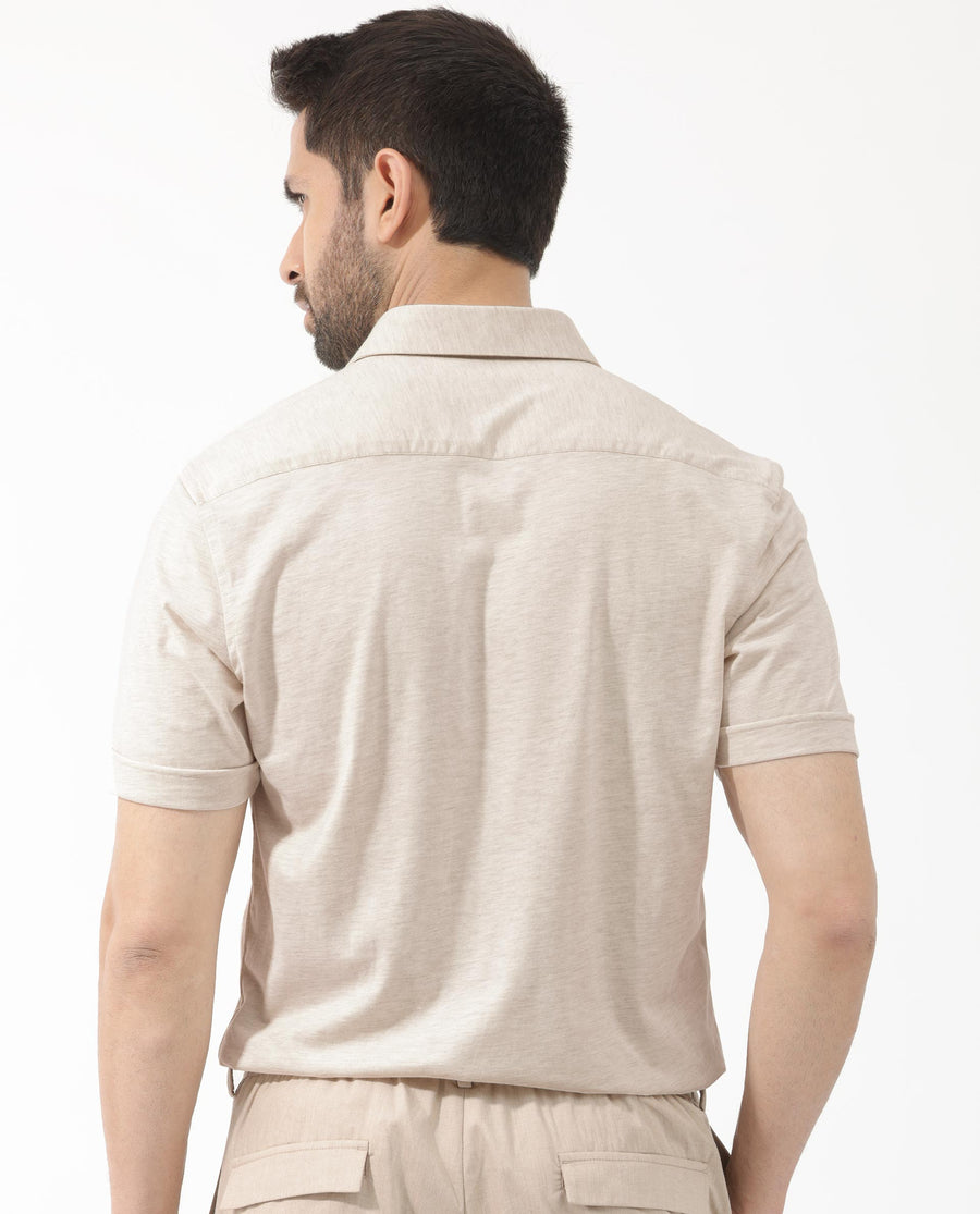 Rare Rabbit Men's Miraje Light Beige Cotton Plain Regular Fit Half Sleeve Collared Shirt