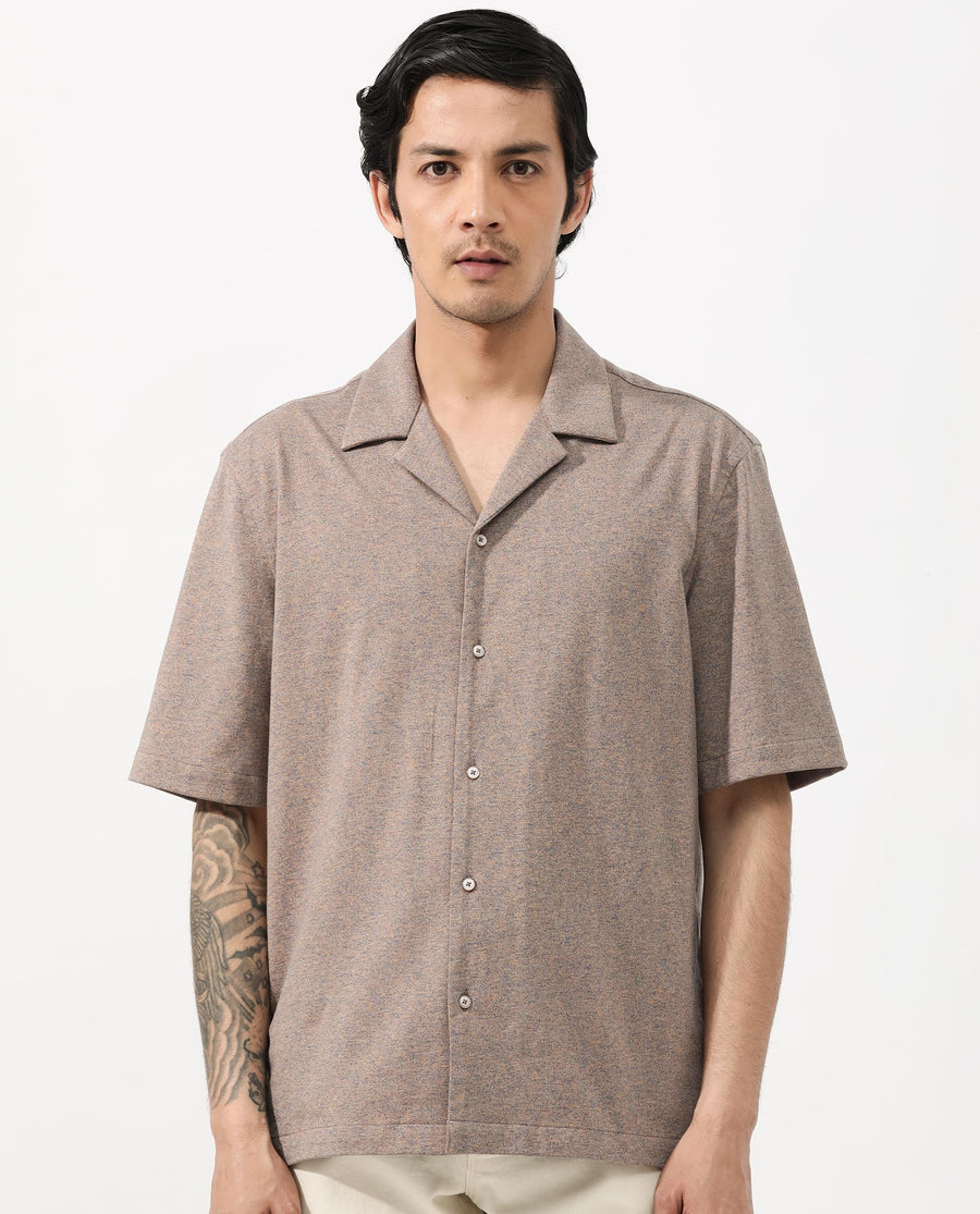 Rare Rabbit Men's Mirajo Dusky Orange Cotton Blend Plain Boxy Fit Half Sleeve Cuban Collar Shirt