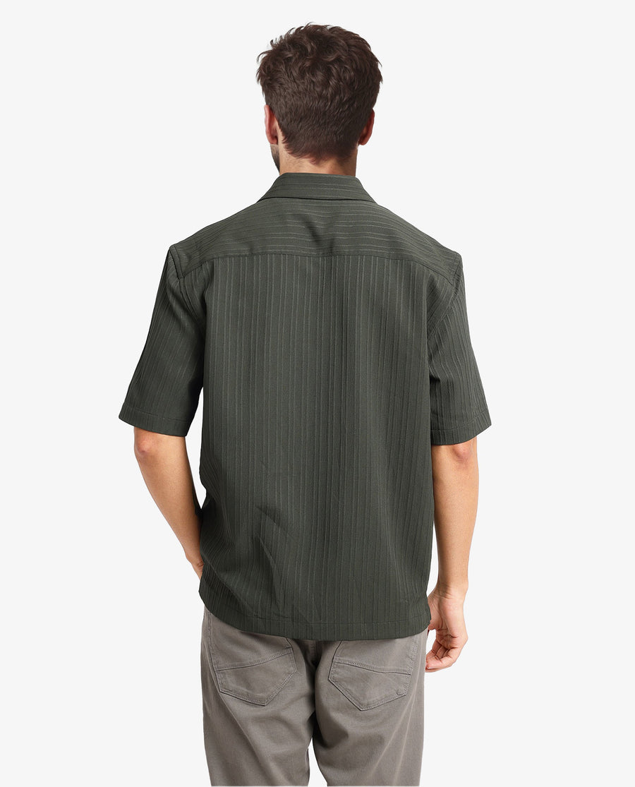 Rare Rabbit Men's Mirtilo Dark Green Polyester Striped Print Boxy Fit Half Sleeve Cuban Collar Shirt
