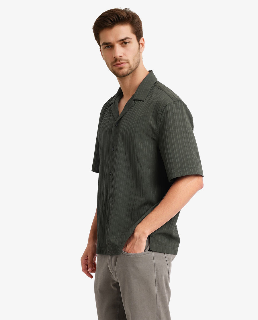 Rare Rabbit Men's Mirtilo Dark Green Polyester Striped Print Boxy Fit Half Sleeve Cuban Collar Shirt