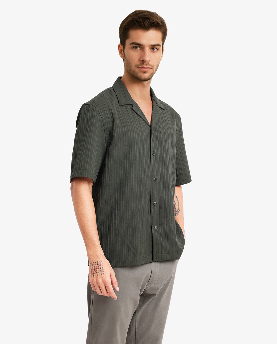 Rare Rabbit Men's Mirtilo Dark Green Polyester Striped Print Boxy Fit Half Sleeve Cuban Collar Shirt