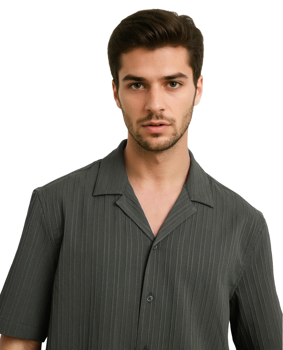 Rare Rabbit Men's Mirtilo Dark Green Polyester Striped Print Boxy Fit Half Sleeve Cuban Collar Shirt