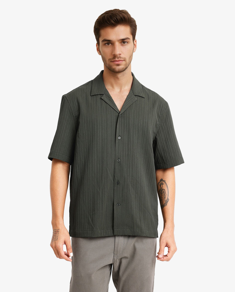 Rare Rabbit Men's Mirtilo Dark Green Polyester Striped Print Boxy Fit Half Sleeve Cuban Collar Shirt