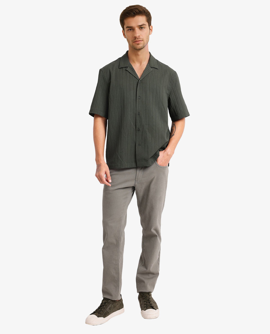 Rare Rabbit Men's Mirtilo Dark Green Polyester Striped Print Boxy Fit Half Sleeve Cuban Collar Shirt