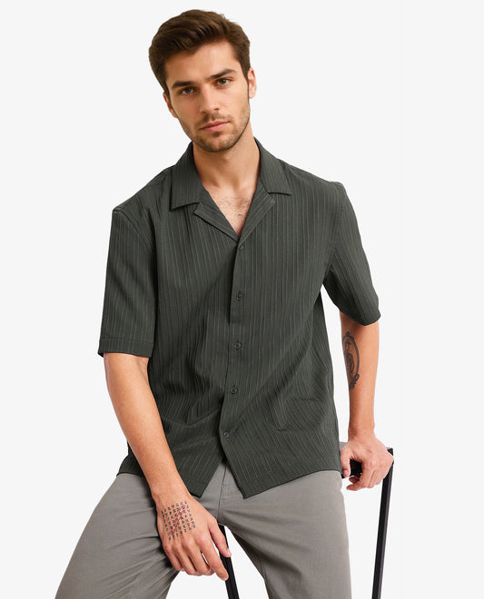 Rare Rabbit Men's Mirtilo Dark Green Polyester Striped Print Boxy Fit Half Sleeve Cuban Collar Shirt