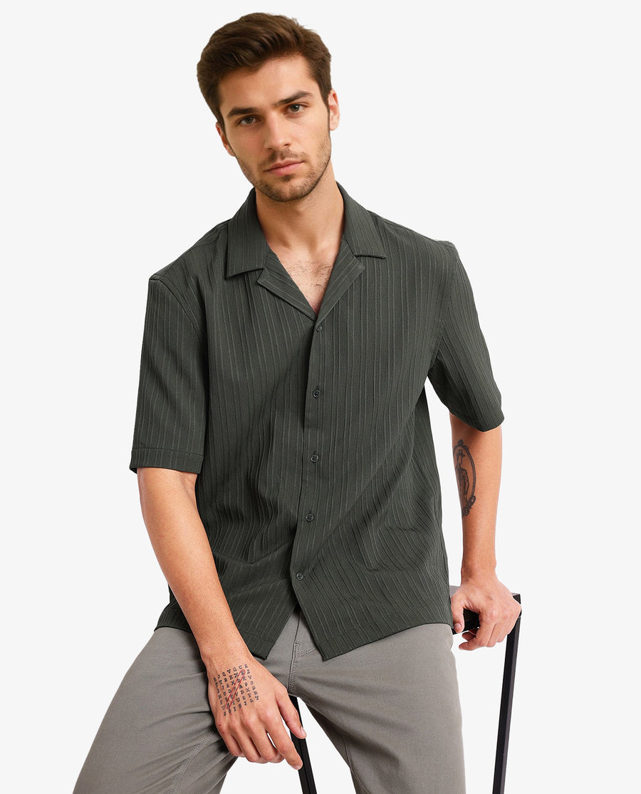 Rare Rabbit Men's Mirtilo Dark Green Polyester Striped Print Boxy Fit Half Sleeve Cuban Collar Shirt