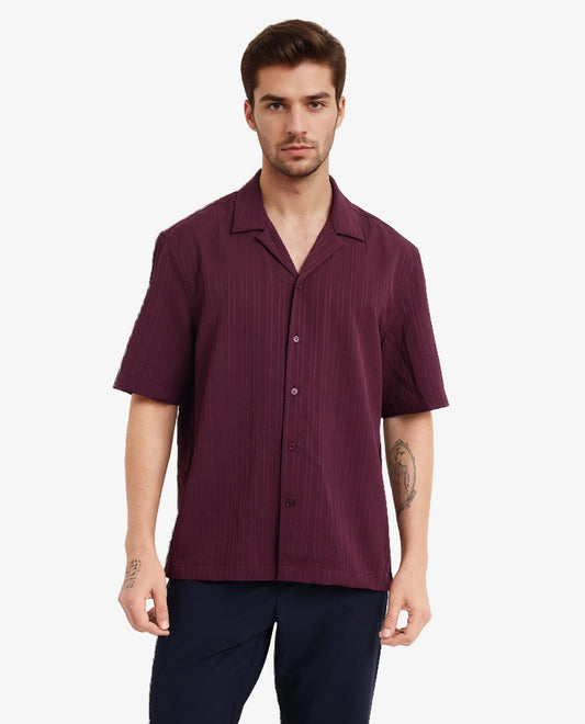 Rare Rabbit Men's Mirtilo Maroon Polyester Striped Print Boxy Fit Half Sleeve Cuban Collar Shirt