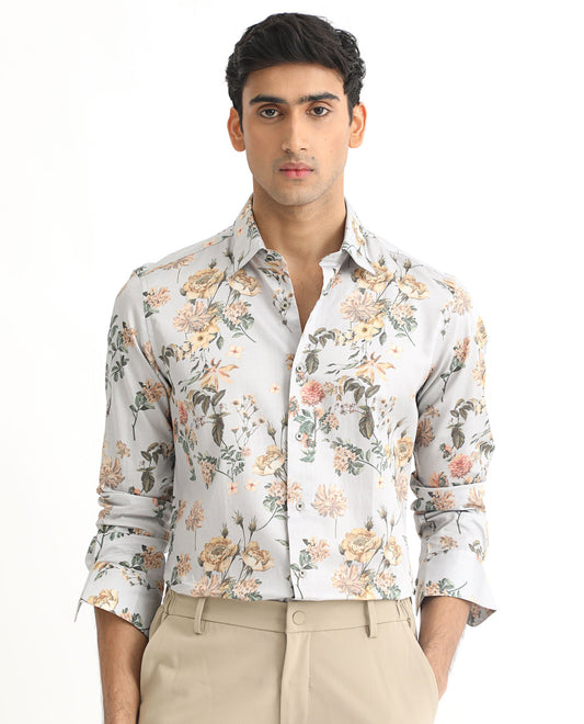 Rare Rabbit Men's Misa Grey Cotton Floral Print Regular Fit Full Sleeve Collared Shirt