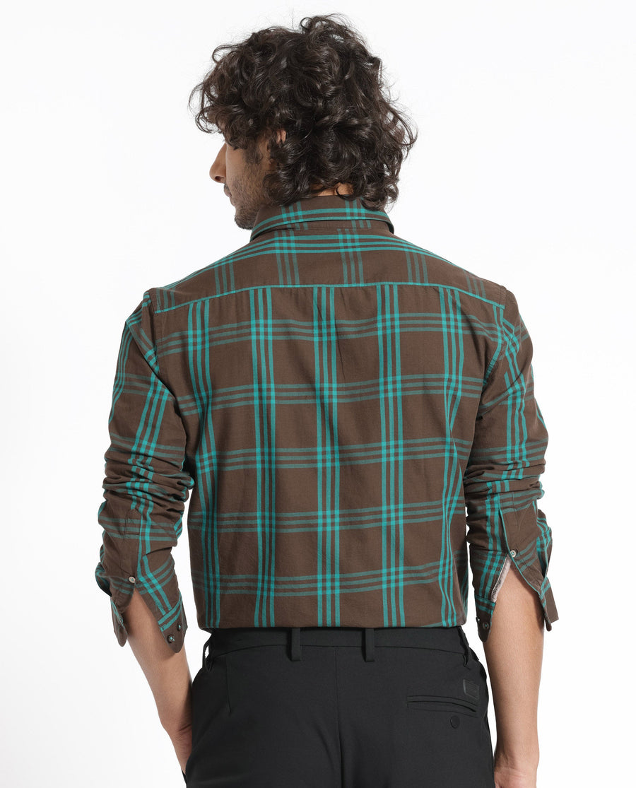 Rare Rabbit Men's Missy Brown Cotton Checked Print Regular Fit Full Sleeve Collared Shirt