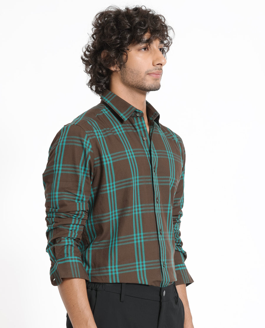 Rare Rabbit Men's Missy Brown Cotton Checked Print Regular Fit Full Sleeve Collared Shirt