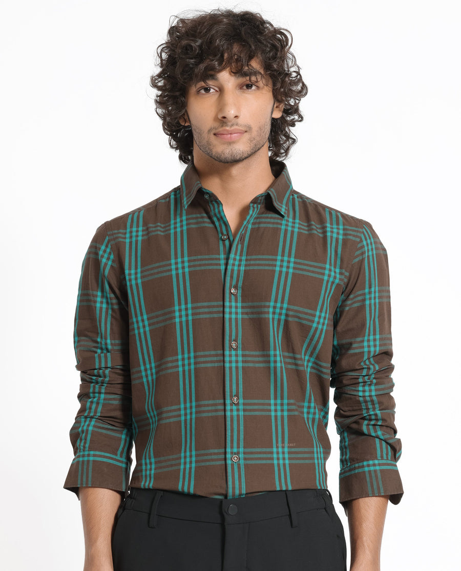 Rare Rabbit Men's Missy Brown Cotton Checked Print Regular Fit Full Sleeve Collared Shirt