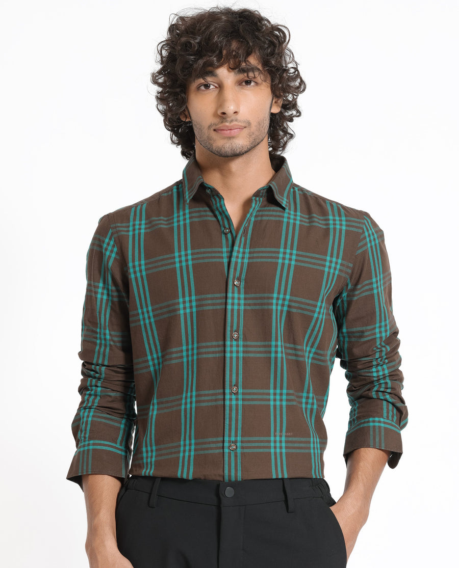 Rare Rabbit Men's Missy Brown Cotton Checked Print Regular Fit Full Sleeve Collared Shirt