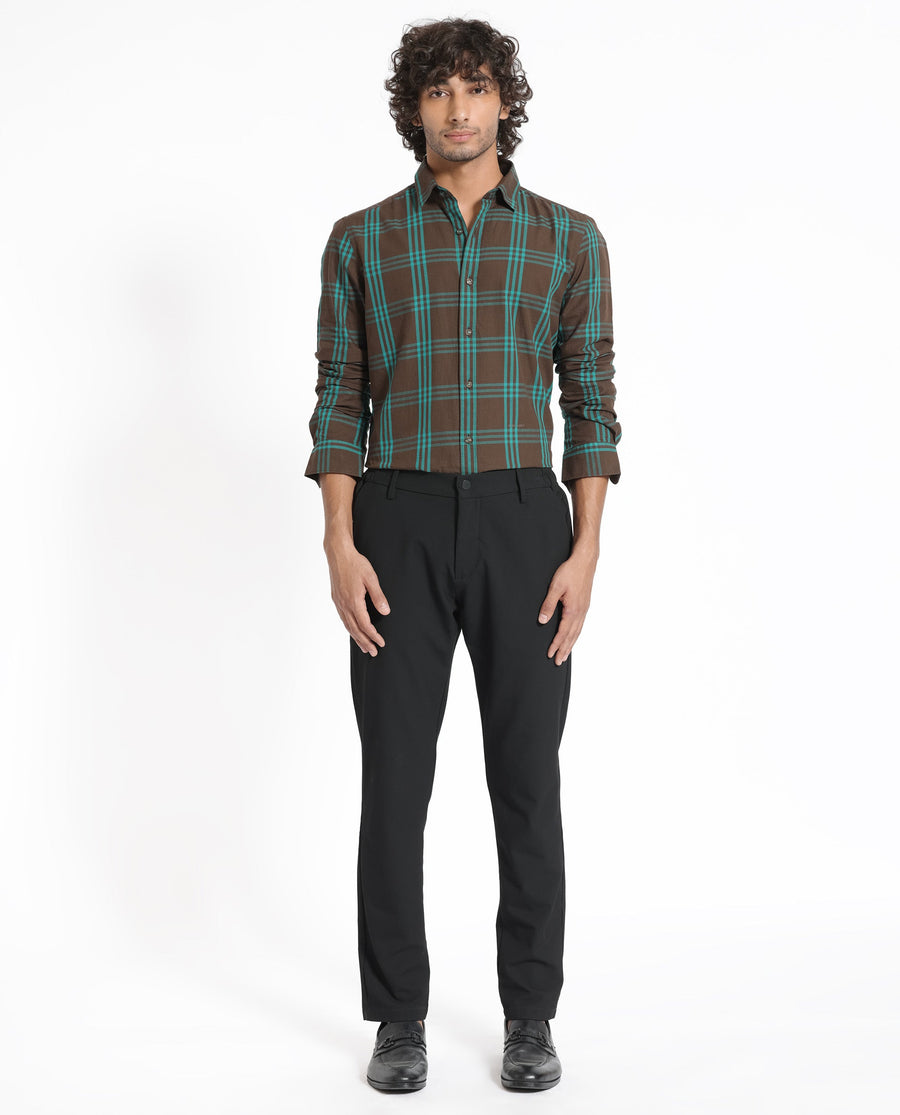Rare Rabbit Men's Missy Brown Cotton Checked Print Regular Fit Full Sleeve Collared Shirt