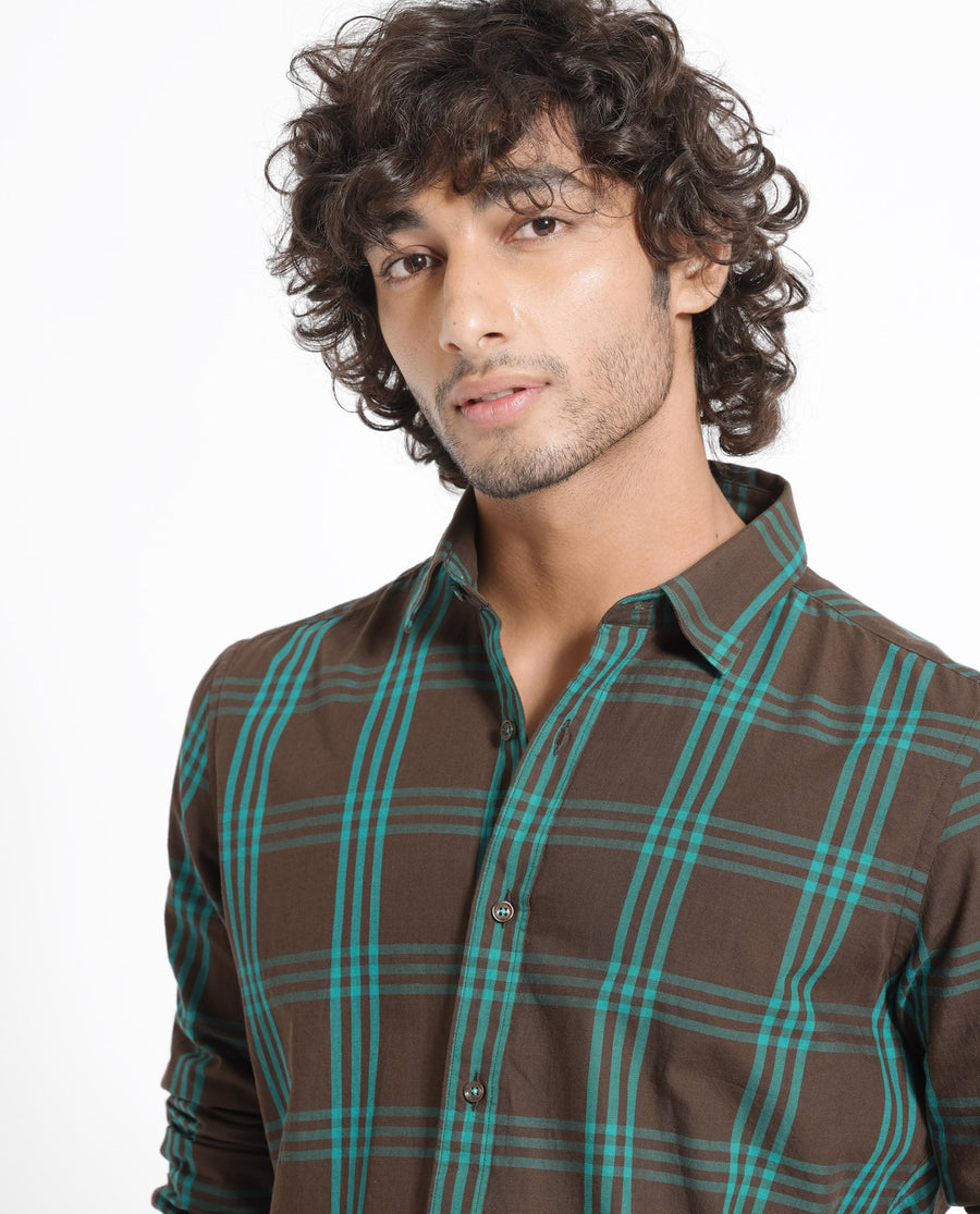 Rare Rabbit Men's Missy Brown Cotton Checked Print Regular Fit Full Sleeve Collared Shirt