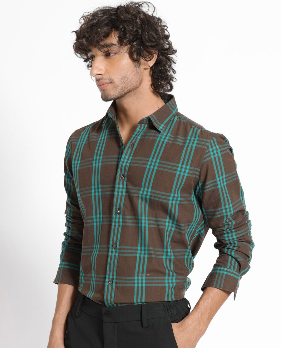 Rare Rabbit Men's Missy Brown Cotton Checked Print Regular Fit Full Sleeve Collared Shirt