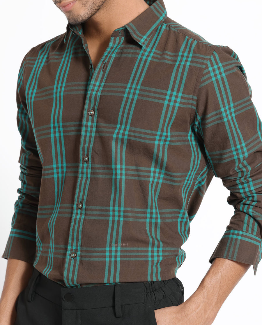 Rare Rabbit Men's Missy Brown Cotton Checked Print Regular Fit Full Sleeve Collared Shirt