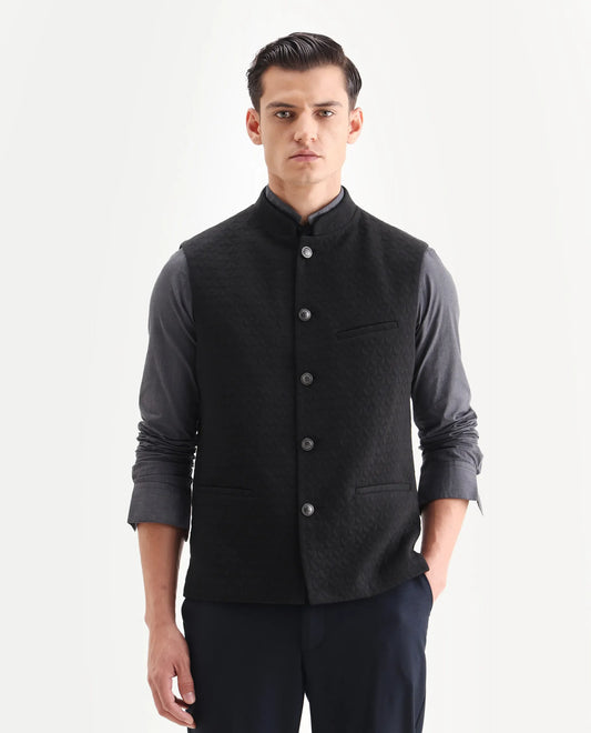Rare Rabbit Men's Mitzi Black Cotton Jacquard Tailored Fit Sleeveless Mandarin Collar Bandhgala Rare Rabbit Men's Lasmos-B1 Beige Viscose Embroidered Regular Fit Sleeveless Mandarin Collar Bandhgala Nehru Jacket