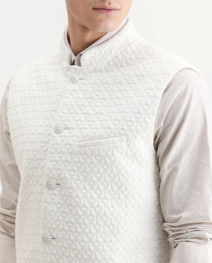 Rare Rabbit Men's Mitzi Off White Cotton Jacquard Tailored Fit Sleeveless Mandarin Collar Bandhgala