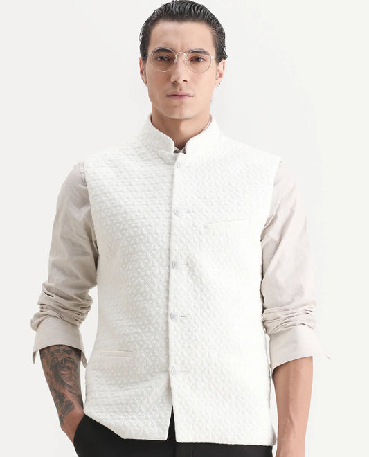 Rare Rabbit Men's Mitzi Off White Cotton Jacquard Tailored Fit Sleeveless Mandarin Collar Bandhgala