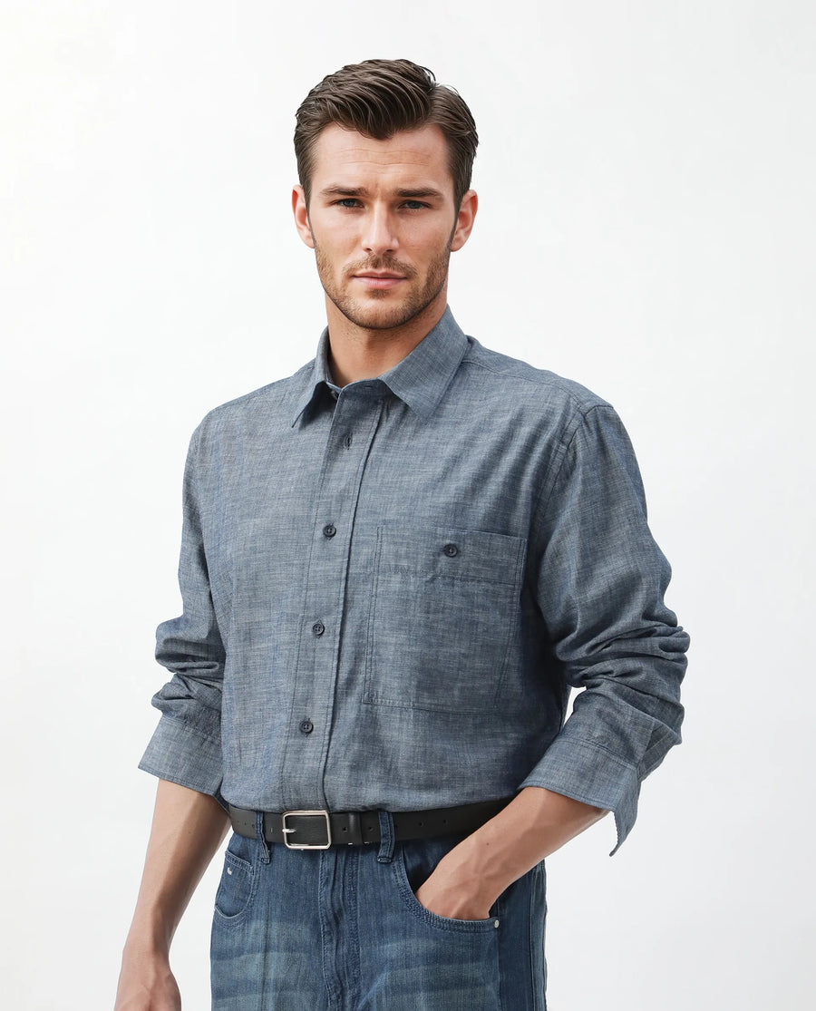 Rare Rabbit Men's Mivo Light Blue Cotton Plain Oversized Fit Full Sleeve Collared Shirt
